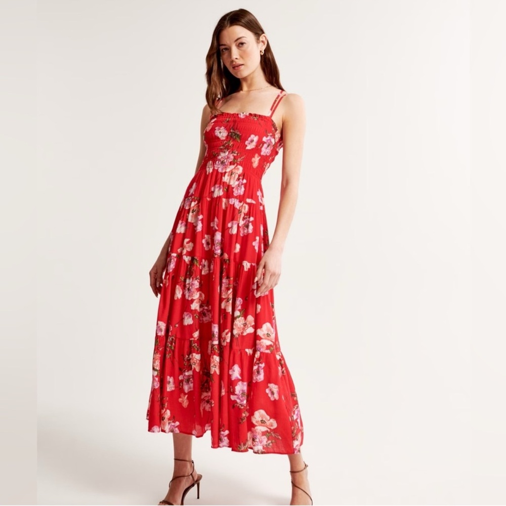 NWT Abercrombie & Fitch XL Red Floral Midi Dress Smocked